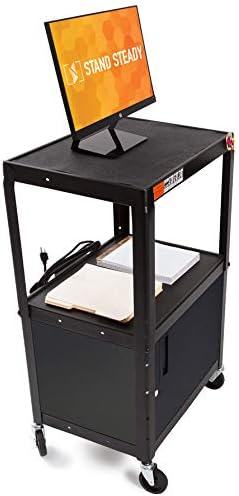 Line Leader AV Cart w/Locking Cabinet, Black Metal Utility Cart with Storage ...