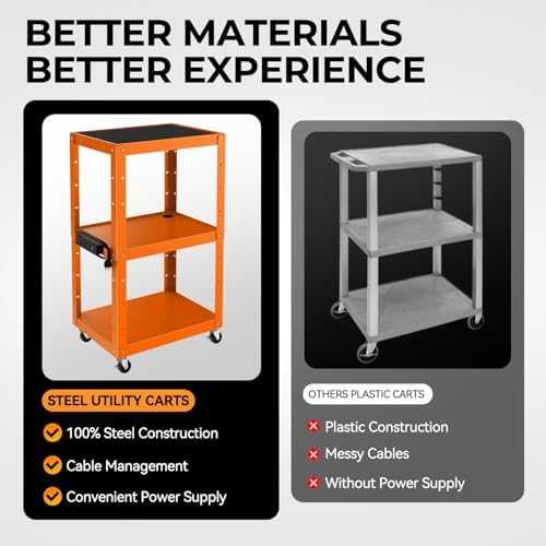 Auto Dynasty Adjustable AV Cart w/Power Strip, 4 ft Rolling Stand, Orange
