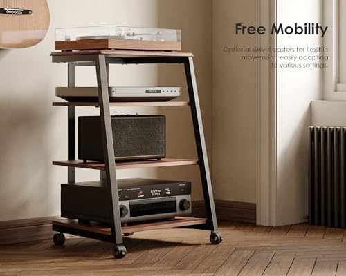 FITUEYES 4-Tier AV Media Stand Corner Shelf for Record Player HiFi, Walnut