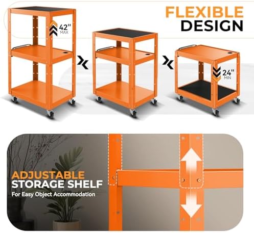 Auto Dynasty Adjustable AV Cart w/Power Strip, 4 ft Rolling Stand, Orange