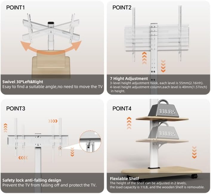 Rolling TV Stand with Wheels for 32-75 Inch TVs