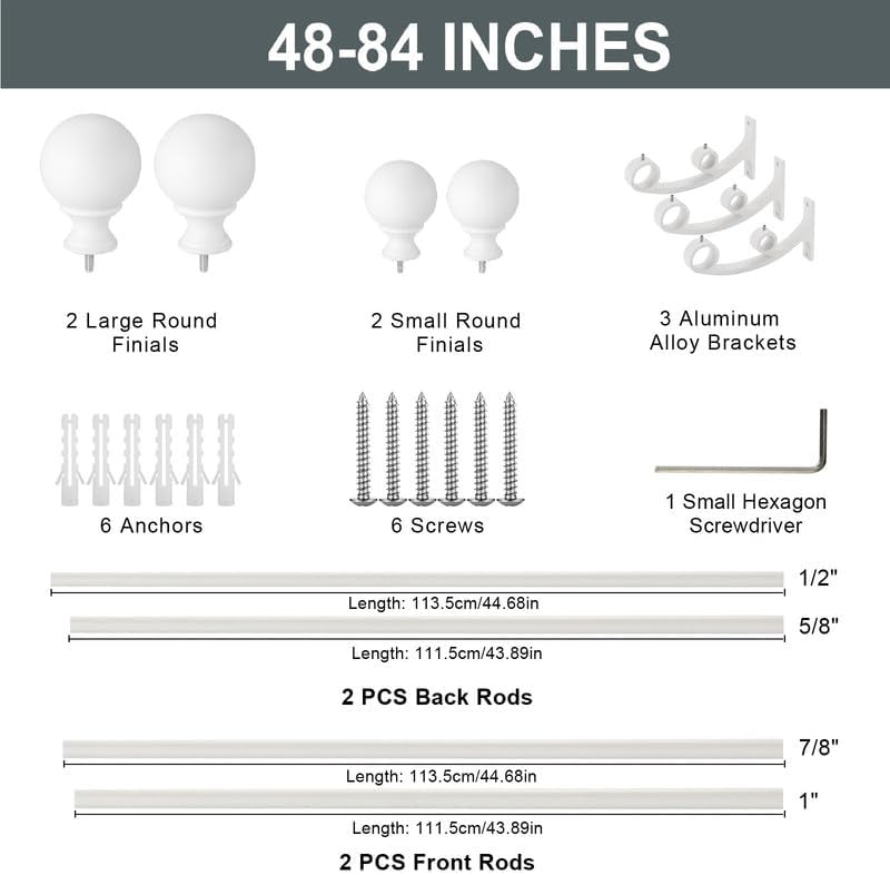 Matte White Double Curtain Rod 48 to 84 Inch - Decorative Window Rod With Rou...