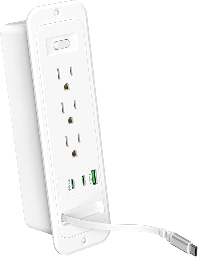 Recessed Power Strip with Retractable USB C Cable, 2 PD 20W USB C, Flush Mount