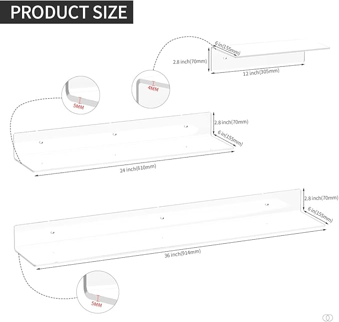 Acrylic Wall Shelves 36 24 12 Inches, Wall Mounted Display Shelves