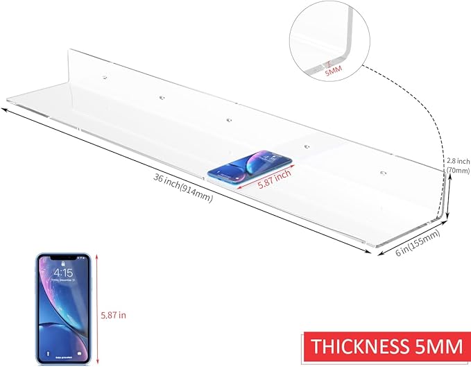 36 Inches Acrylic Wall Shelves 2 Pack, Floating Shelf