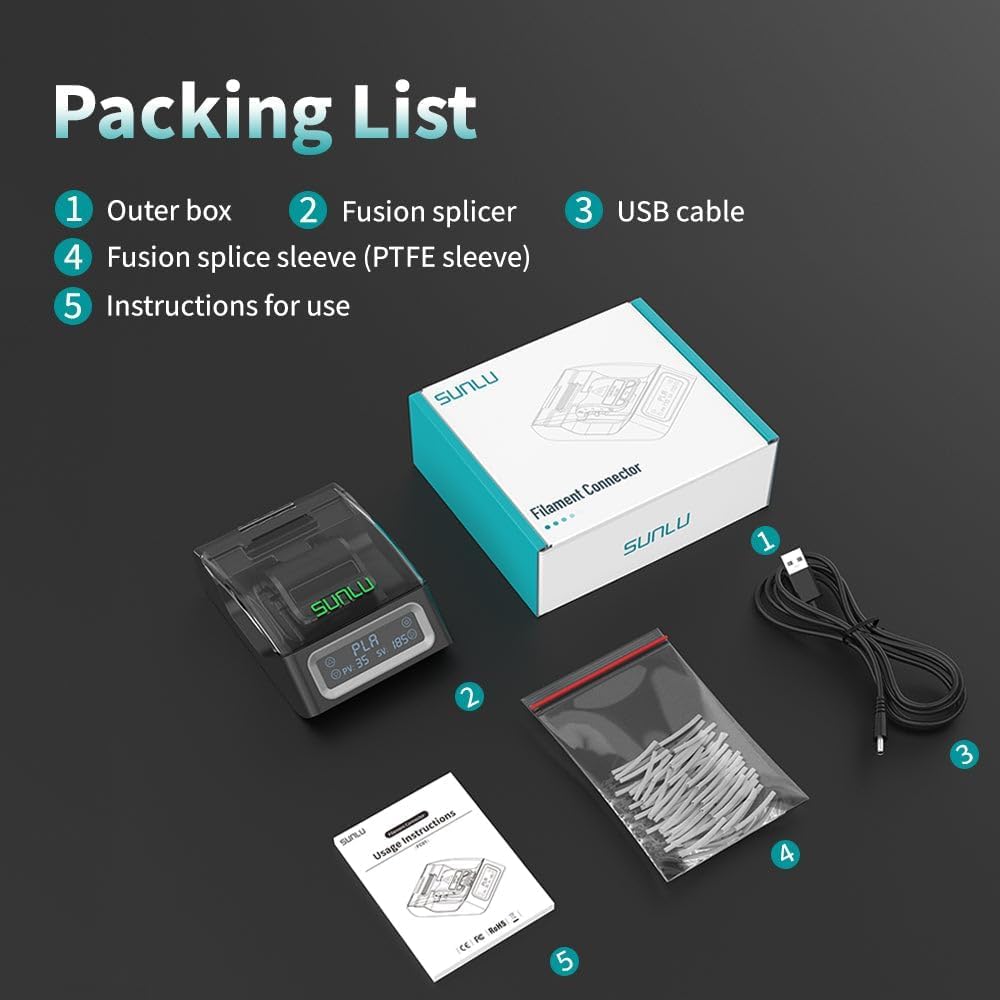 SUNLU Filament Connector, Filament Splicer with 200Pcs PTFE Sleeve for 3D Pri...