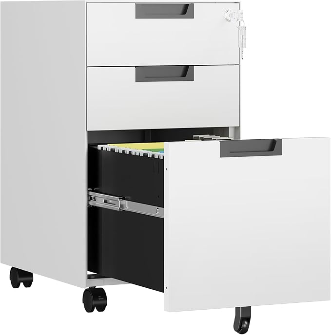 3 Drawer File Cabinet with Lock, Fully Assembled Metal Mobile Filing Cabinets
