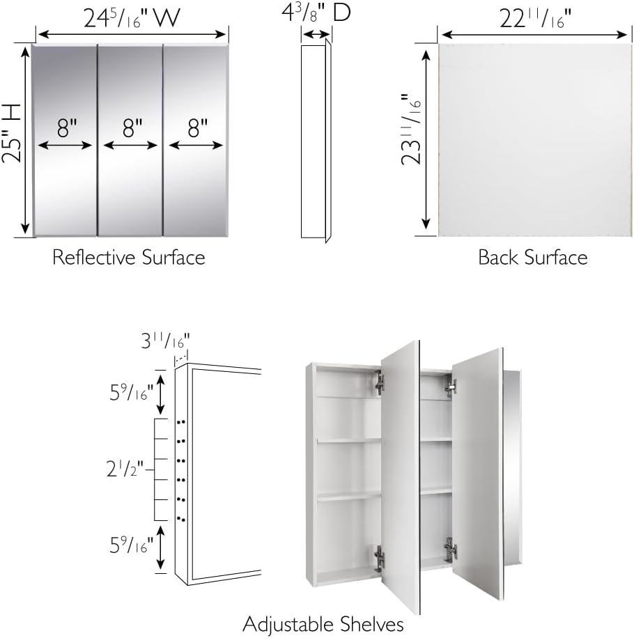 Design House Cyprus Bathroom Medicine Cabinet with Mirror, 25 Inch Recessed o...