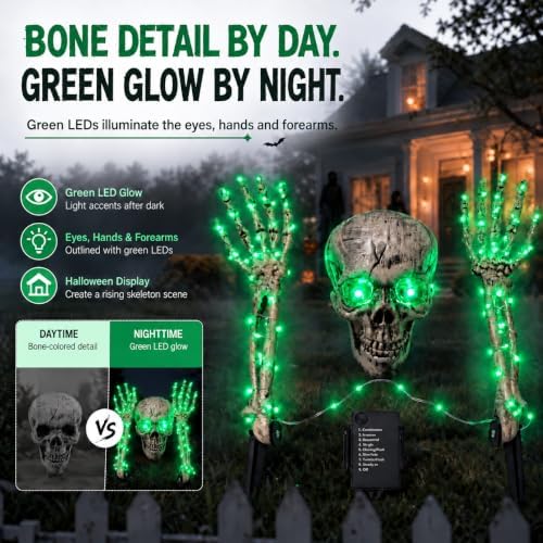 Halloween Decoration Outdoor, 3-Piece Green LED Skeleton Stake Set