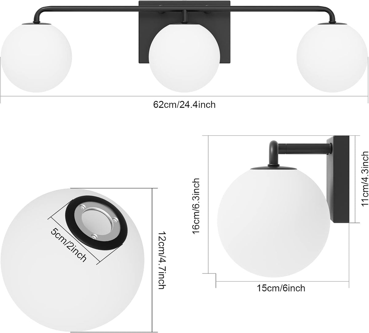 Tipace Mid Century Modern Bathroom Vanity Lights Fixtures 3-Light Black Milk ...