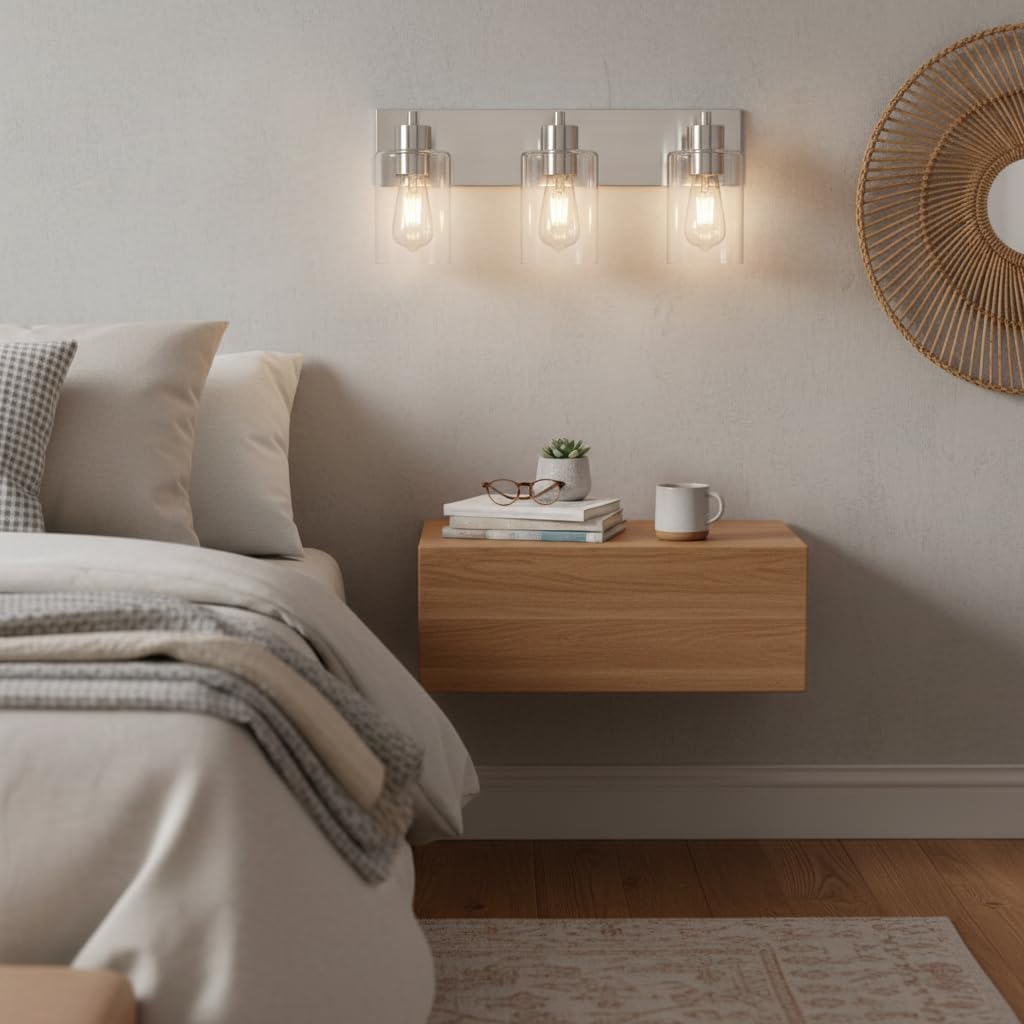 Brushed Nickel Bathroom Vanity Lights 3-Light, Clear Glass Shade