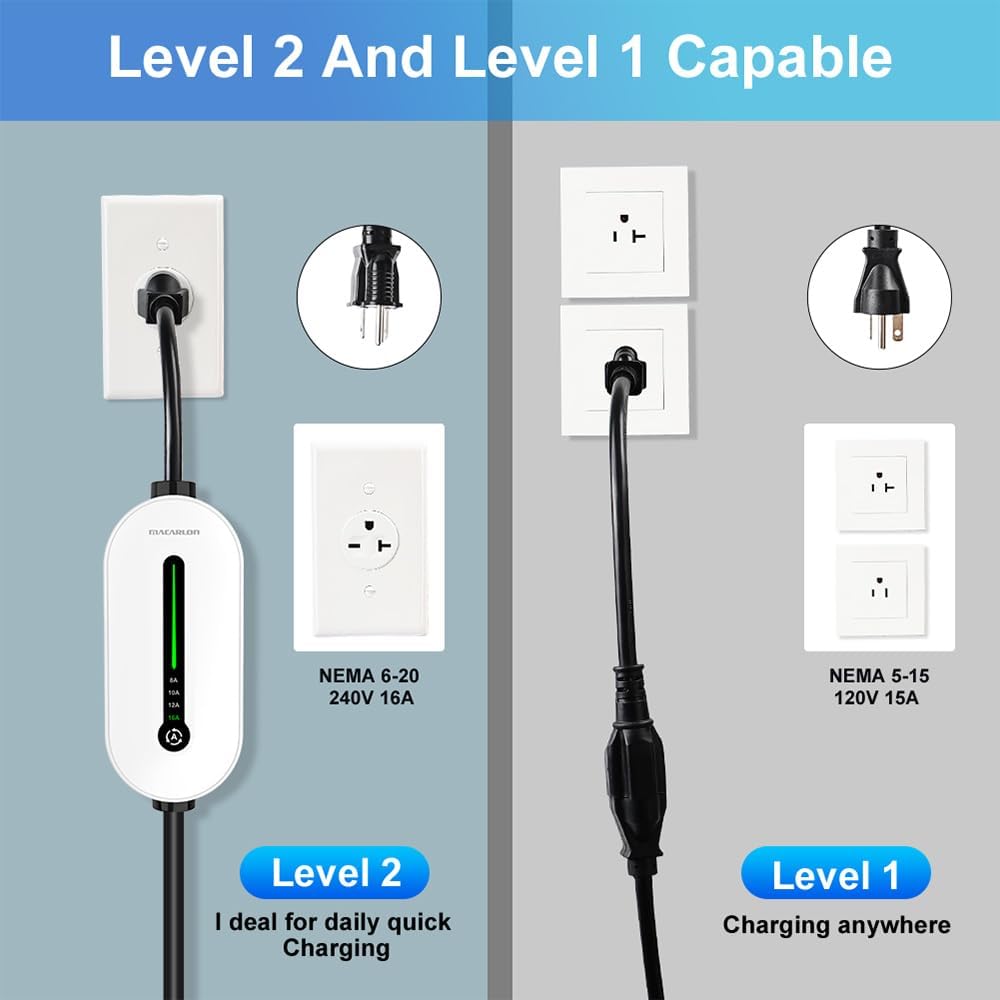 6-16A Adjustable Level 1&2 EV Charger, 110V-240V, IP65 Waterproof, White
