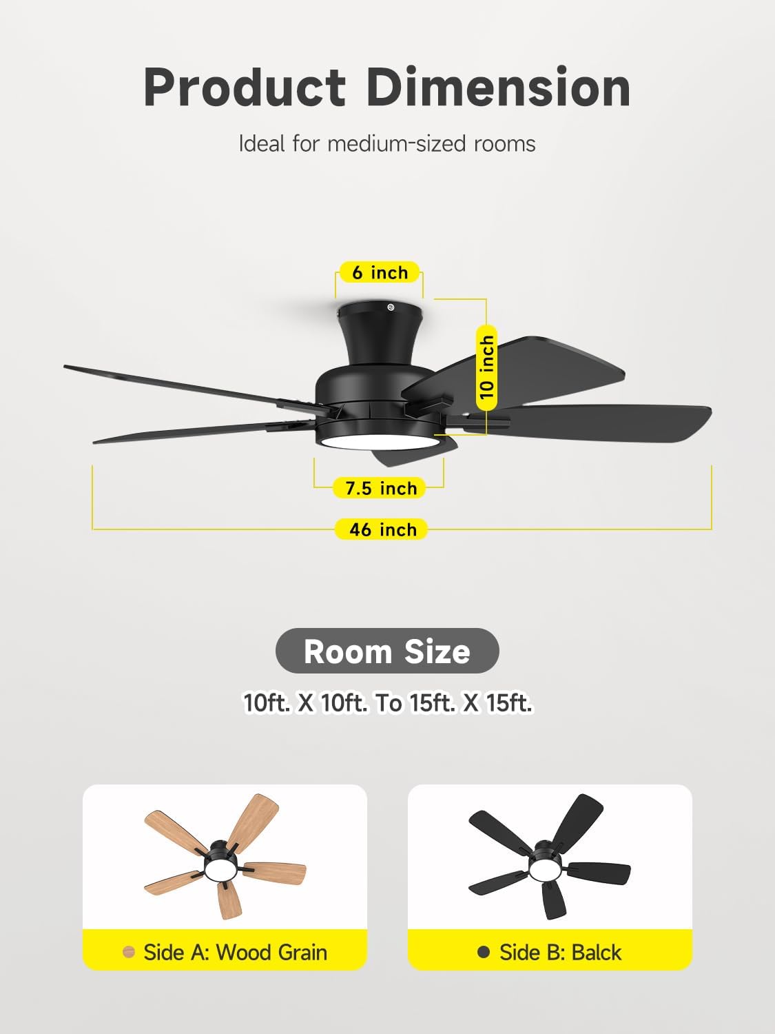 TALOYA 46 inch Ceiling Fans with Lights and Remote, Night Light, Black