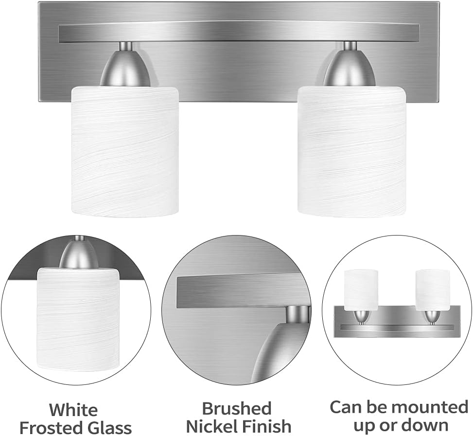 Bathroom Vanity Light Fixture - Over Mirror - Modern Glass Shade - Brushed Ni...