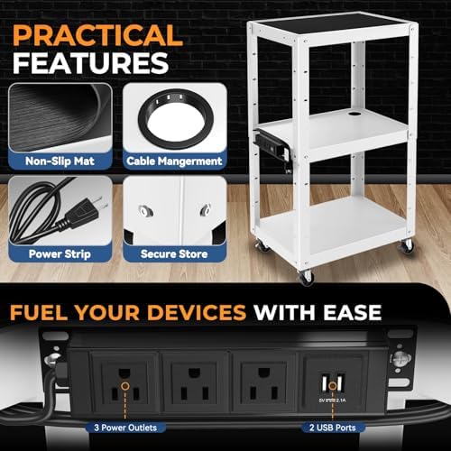 Auto Dynasty Adjustable AV Cart w/Power Strip, 4 ft Rolling Stand, White