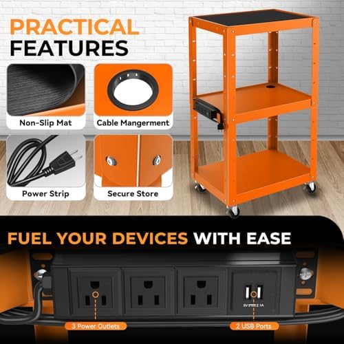 Auto Dynasty Adjustable AV Cart w/Power Strip, 4 ft Rolling Stand, Orange
