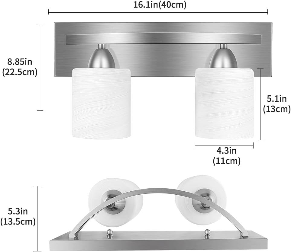 Bathroom Vanity Light Fixture - Over Mirror - Modern Glass Shade - Brushed Ni...