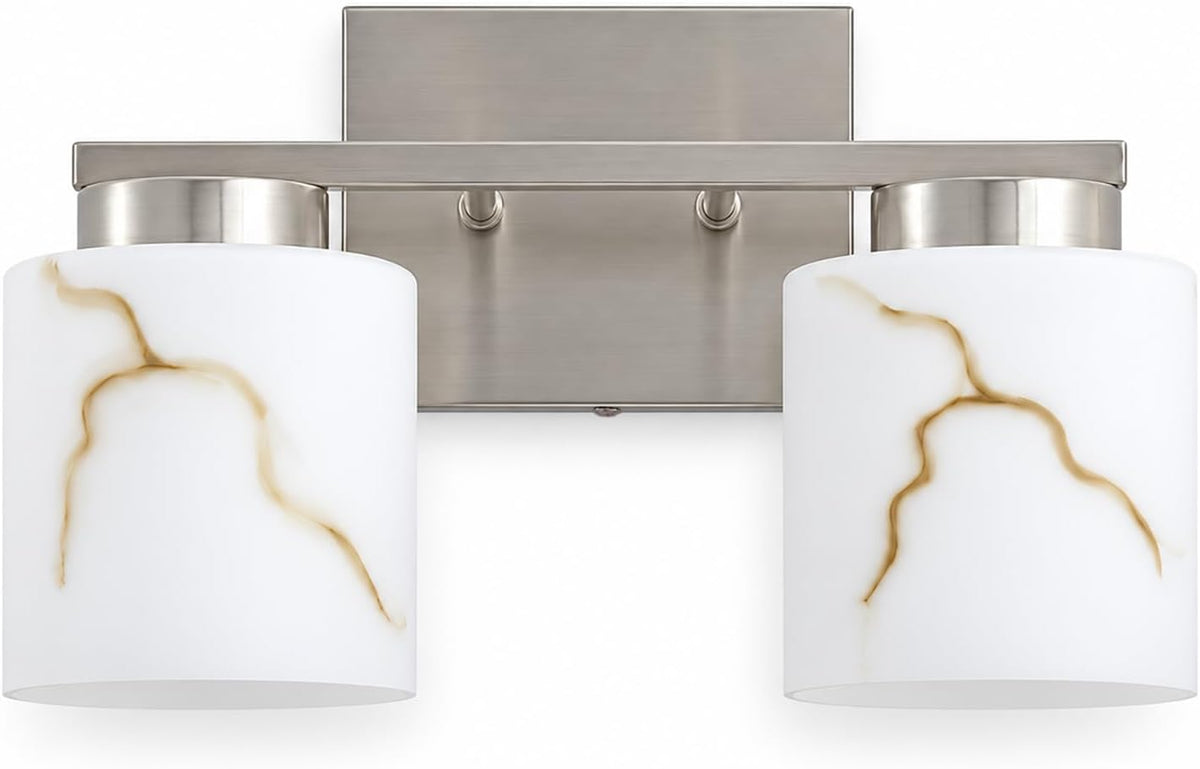 2-Light Brushed Nickel Bathroom Vanity Light, Frosted Marble-Look Glass