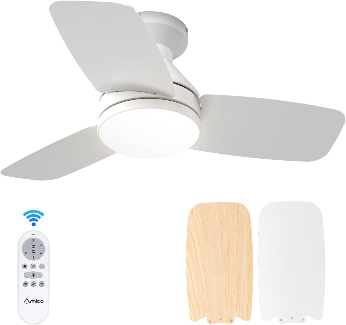 Amico 30 Inch White Low Profile Ceiling Fans with Lights and Remote