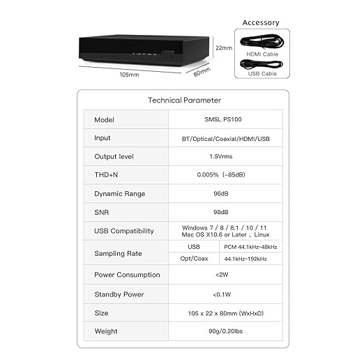 SMSL PS100 Digital to Analog Audio Converter, USB/Optical/Coaxial/HDMI ARC to