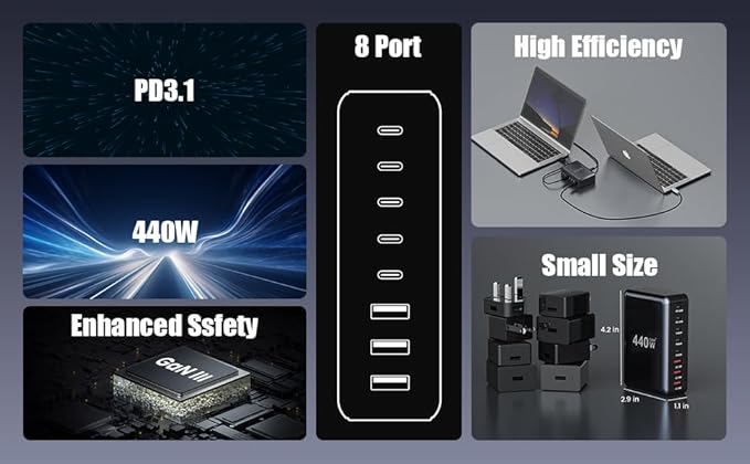 440W USB C Charger Block, 8-Port USB C Charging Station GaN IV Travel