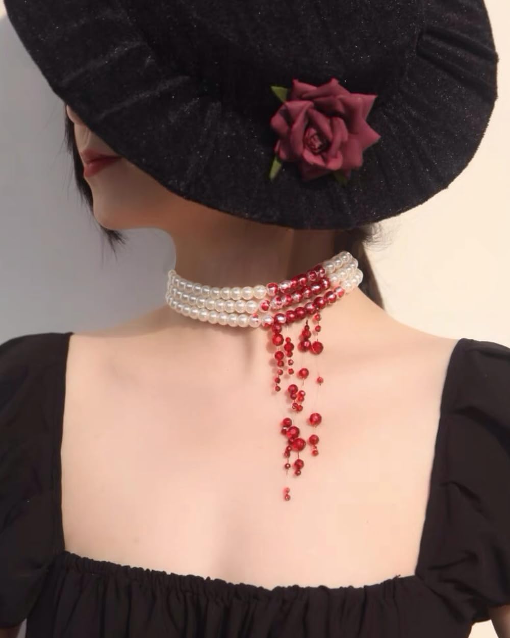 Dripping Blood Choker Imitation Pearls Necklace Vampire Party Accessory Marie...