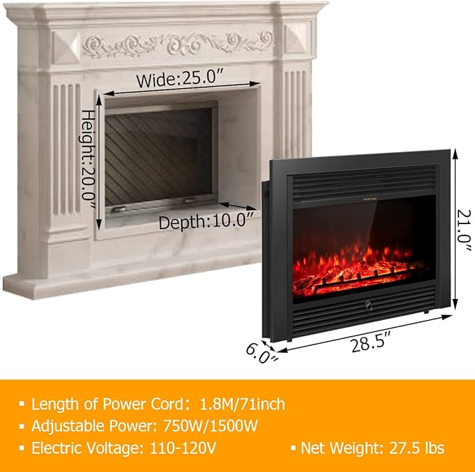 Giantex 28.5" Electric Fireplace Insert, Wall Recessed/Mounted, Freestan...