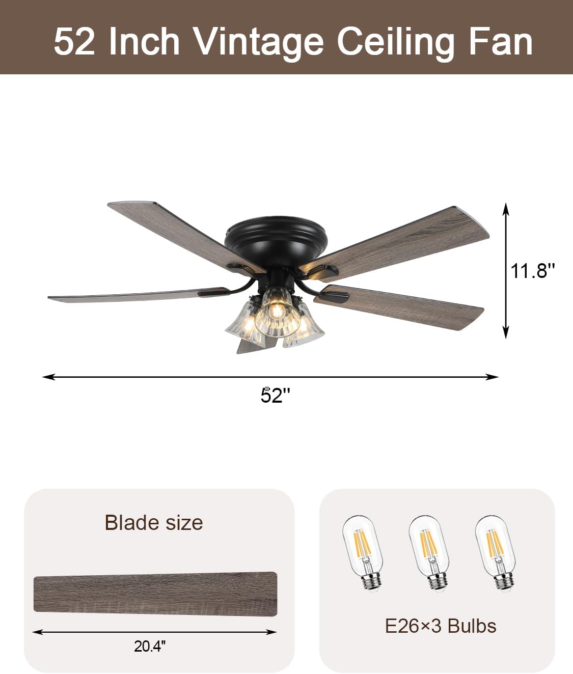 52 Inch Vintage Flush Mount Ceiling Fan with Lights and Remote
