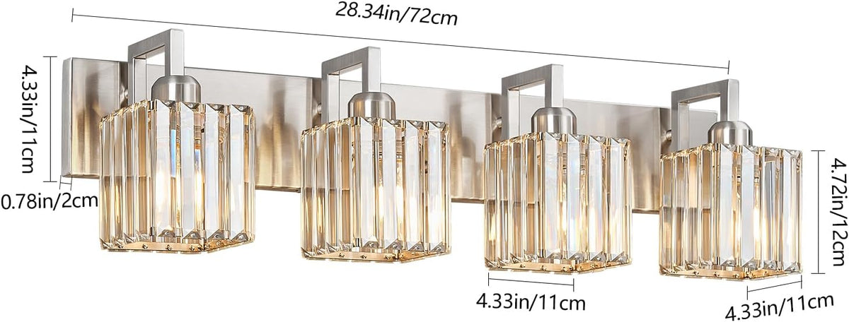 Modern Bathroom Vanity Light 4-Lights Brushed Nickel Vanity Light Crystal Wal...