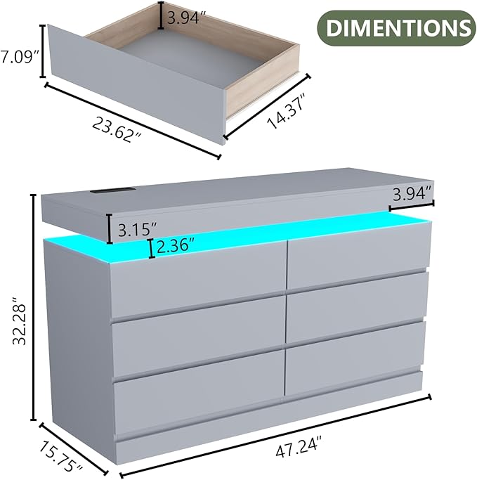 6 Drawer Dresser with Power Outlet, Dresser with LED Light, Modern Chest of