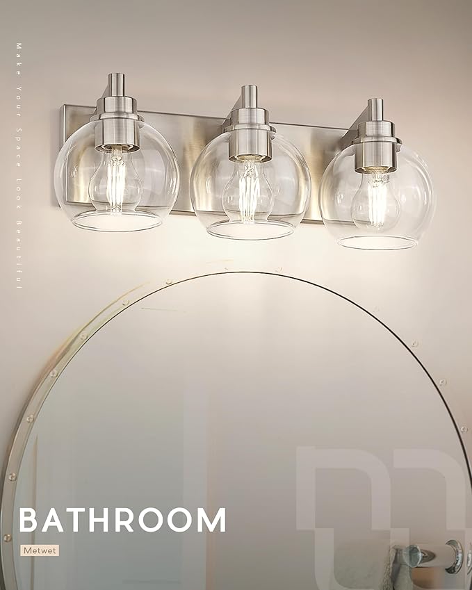 METWET Bathroom Light Fixtures, 3-Light Brushed Nickel Vanity Light, Modern