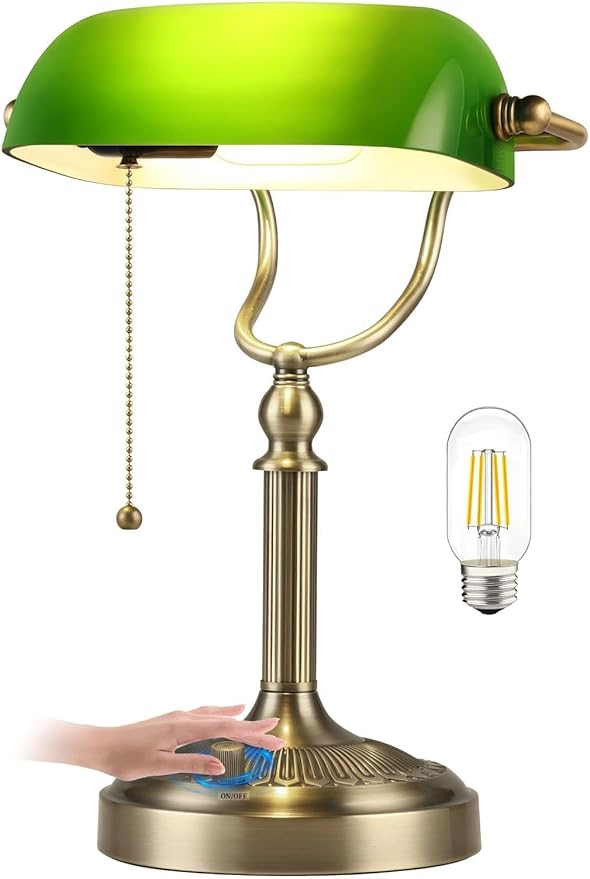 Newrays Green Glass Bankers Desk Lamp, Stepless Dimmable Table Lamp Plug in