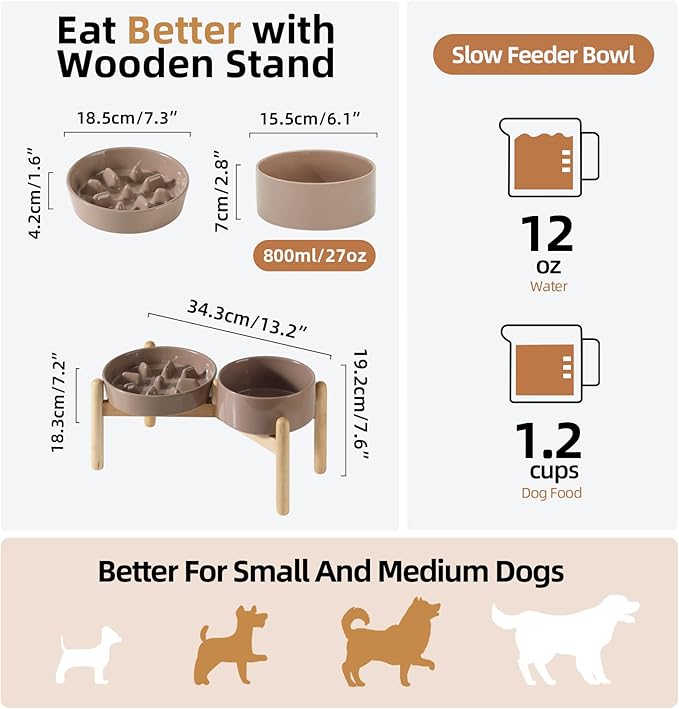 Ceramic 1.2 Cup Raised Slow Feeder Dog Bowl Set, Elevated 6.1inch Bowl and