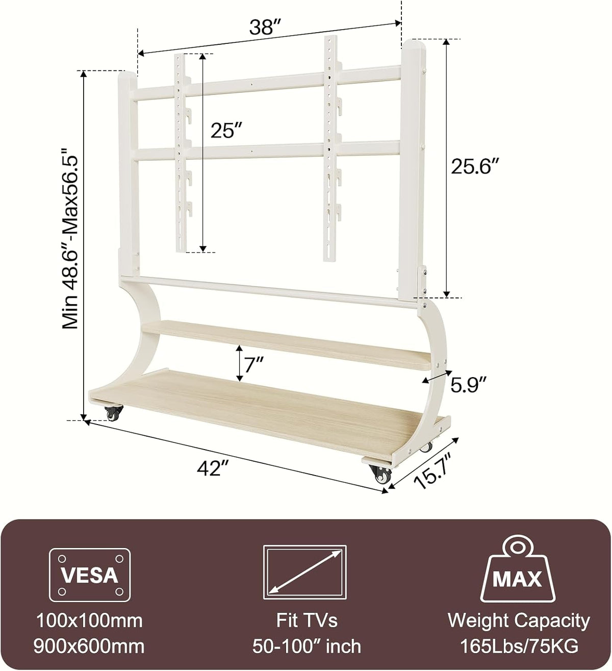 Easel Rolling TV Stand on Wheels for 50-100 Inch TVs with 2-Tier Shelves