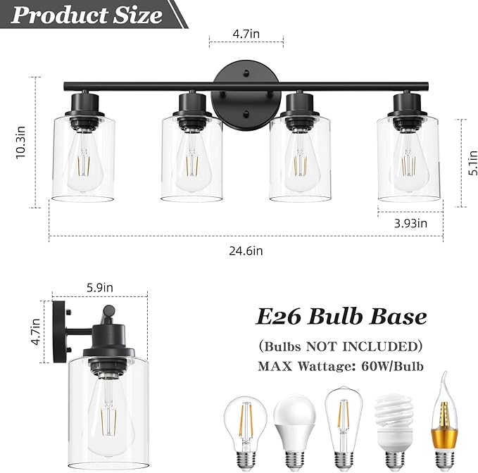 Guliaofo 4-Light Black Bathroom Light Fixtures, E26 Modern Vanity Lights