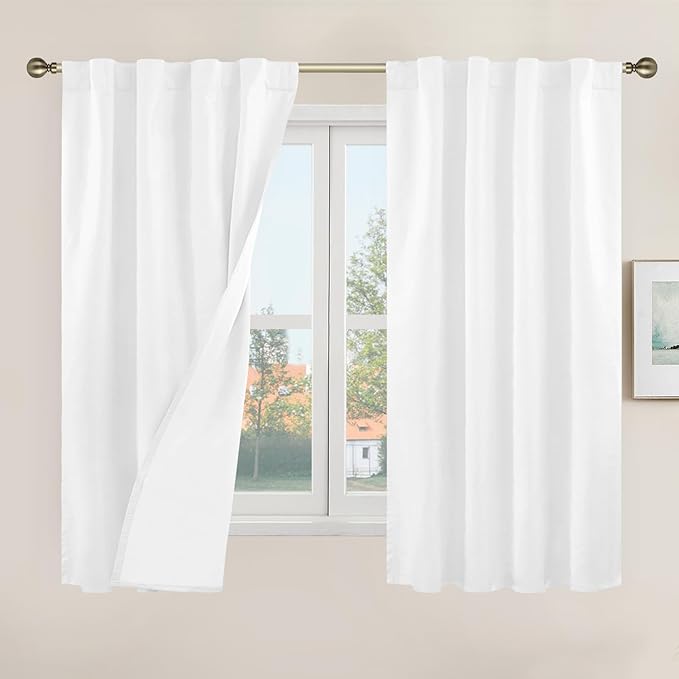 LAMIT 100% Blackout White Linen Curtains 48 Inches Long, Linen Textured Living