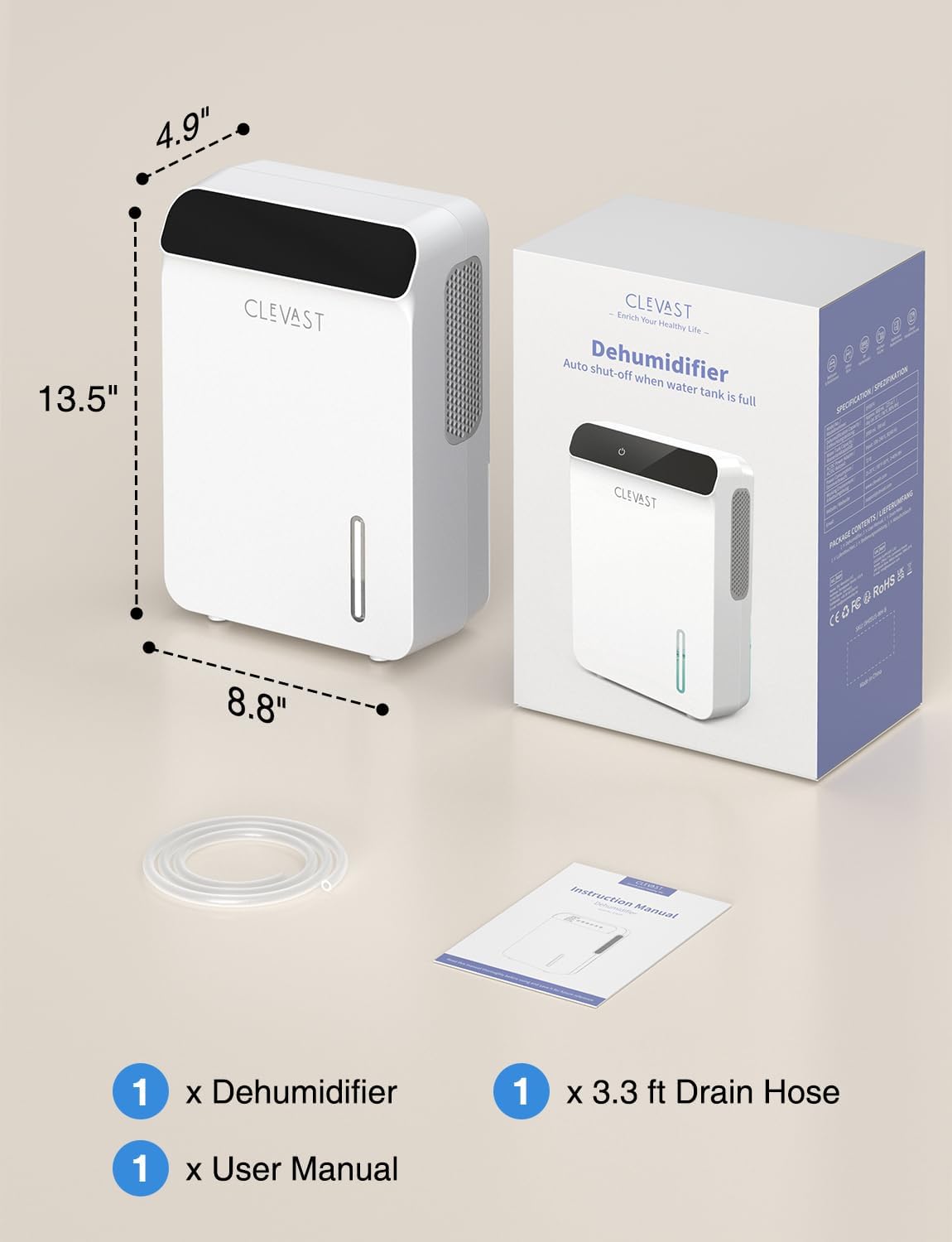 Dehumidifier for Bedroom, Bathroom, with Drain Hose, Quiet, Up to 500 Sq.ft