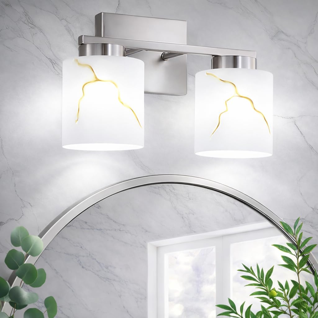 2-Light Brushed Nickel Bathroom Vanity Light, Frosted Marble-Look Glass