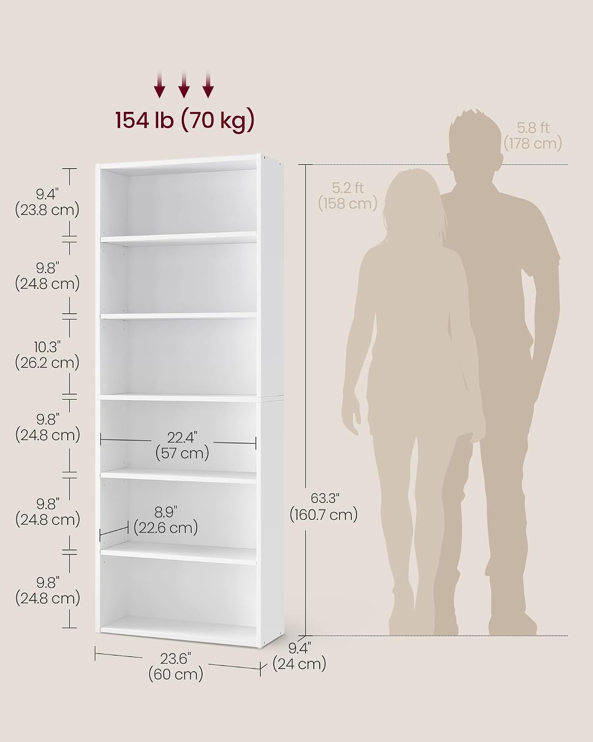 VASAGLE Bookshelf, 23.6 Inches Wide, 6-Tier Open Bookcase with Adjustable Sto...