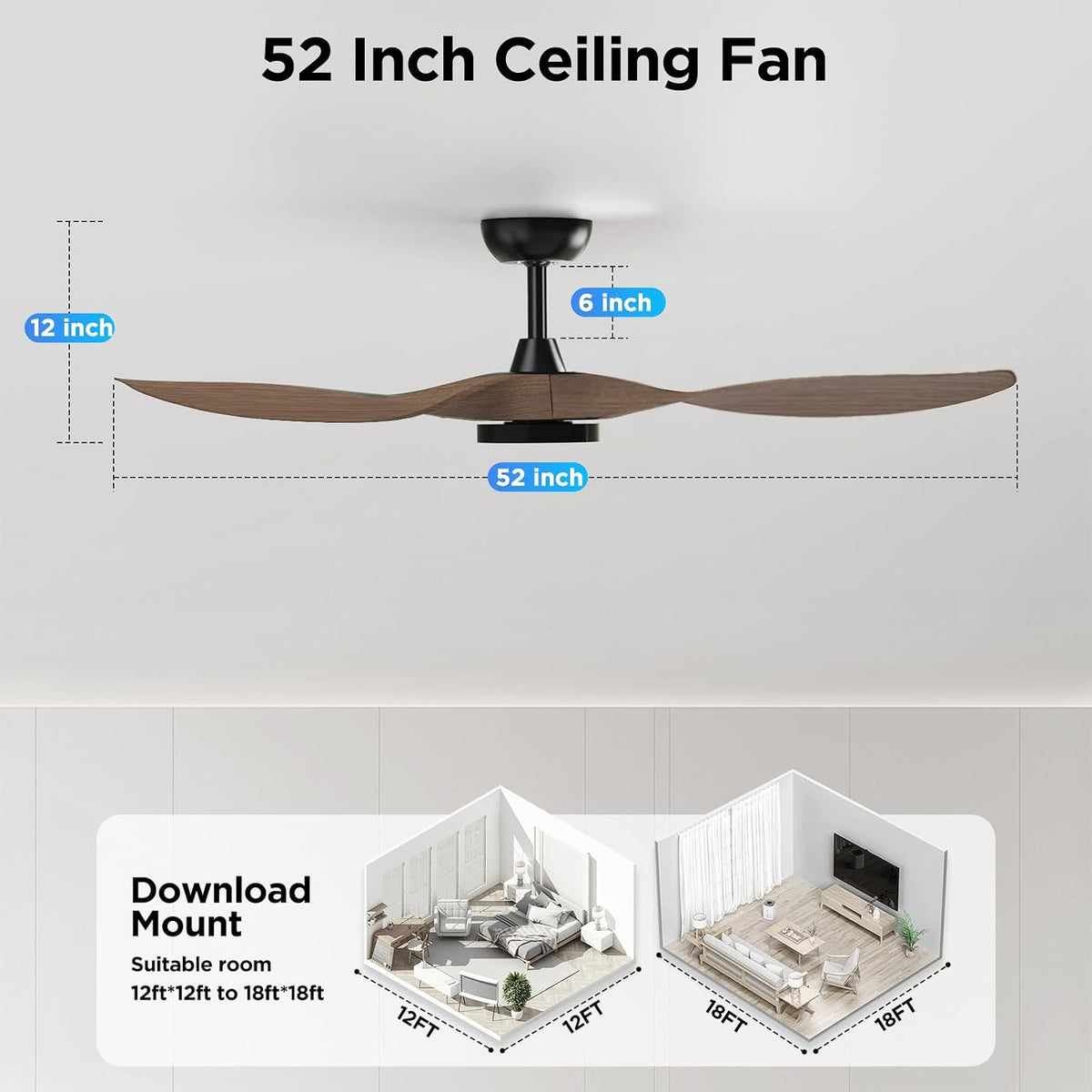 Roomratv 52'' Modern Ceiling Fan with Light, Wide Blade Design, Remote