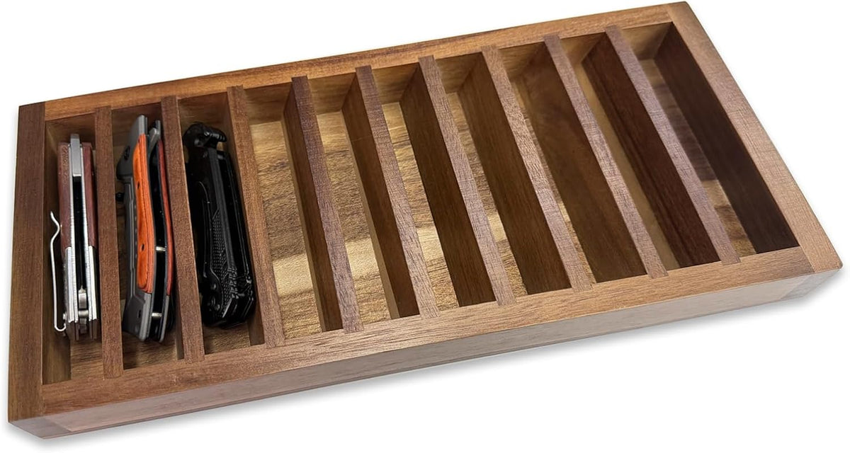 Acacia Wooden Knife Display Case 10 Slot EDC Tray Storage Organizer