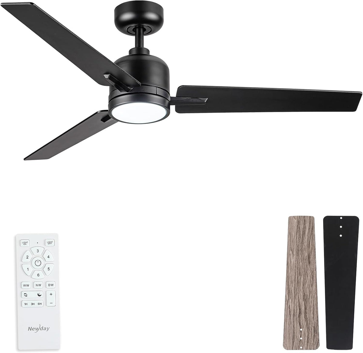Newday 48 Inch Black Ceiling Fans with Light, Remote, Reversible DC Motor