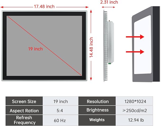 19-Inch Industrial Touch Screen Monitor, Ratio 4:3 Embedded PCAP Touchscreen