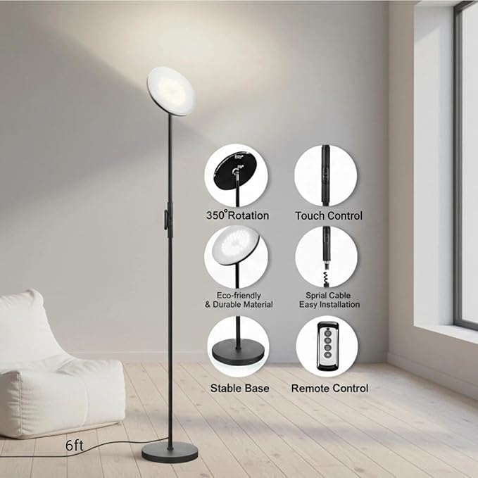 JOOFO Floor Lamp, 30W/2400LM Sky LED Modern Torchiere 3 Color Temperatures