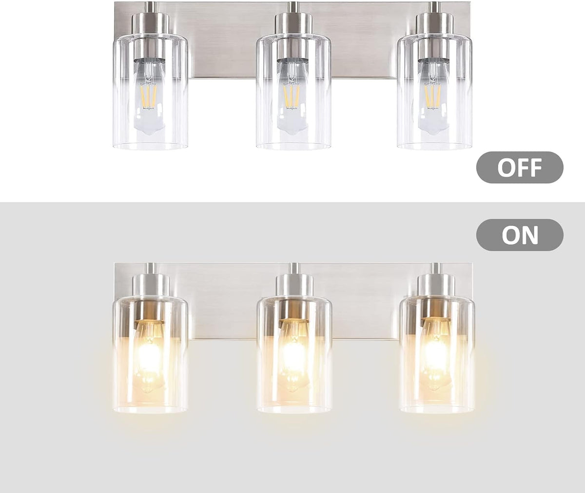 Brushed Nickel Bathroom Vanity Lights 3-Light, Clear Glass Shade