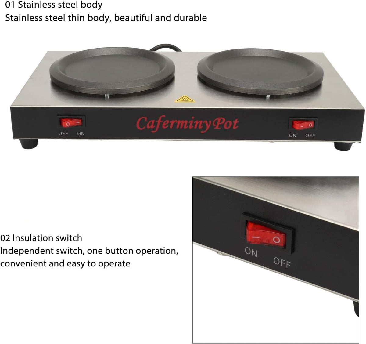 Double Coffee Warmer, Stainless Steel 160 w Portable Double Hot Plate Warmer ...