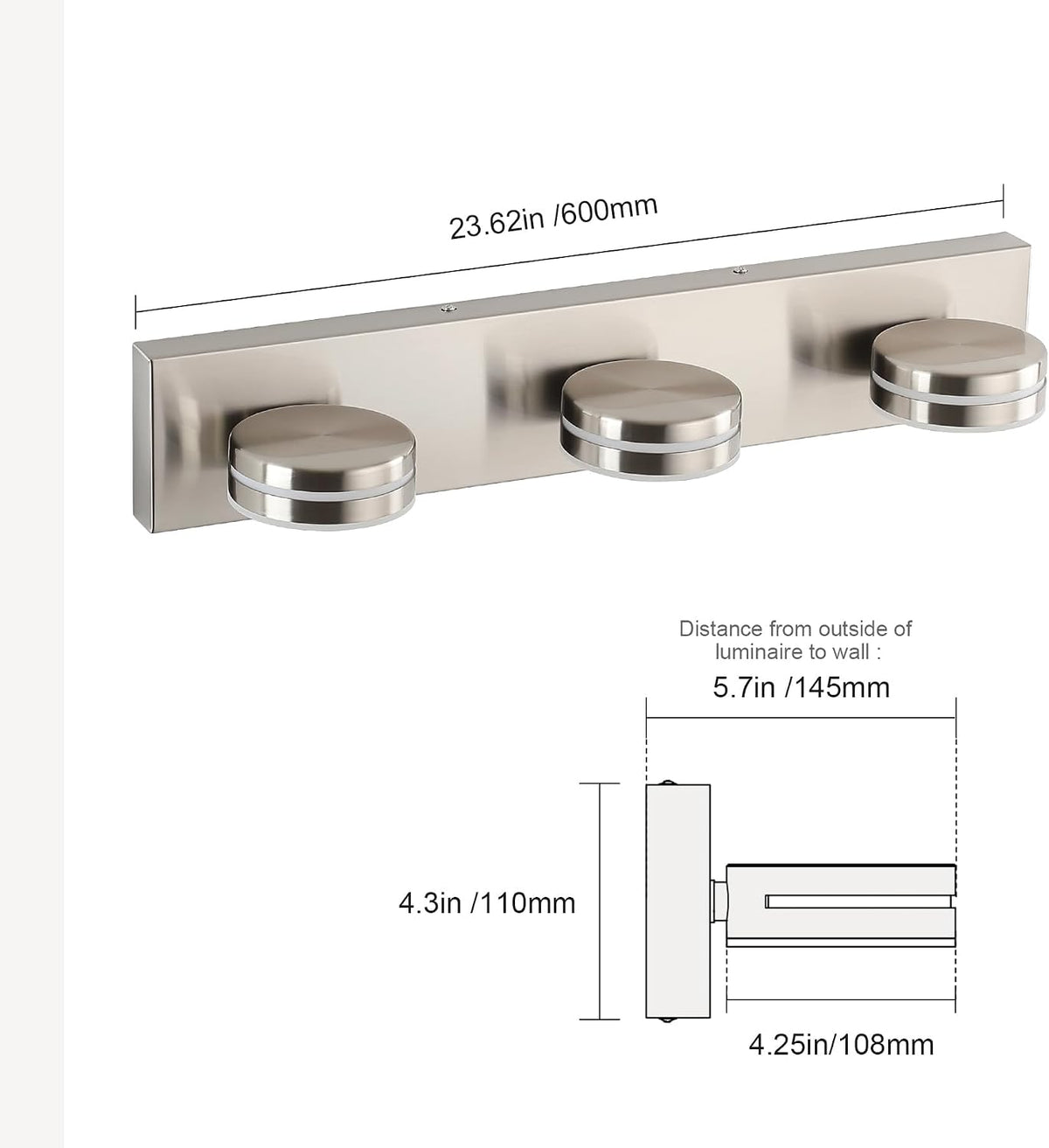 Brushed Nickel Bathroom Vanity Light, (24in Dimmable) 3-Light Bathroom Light ...