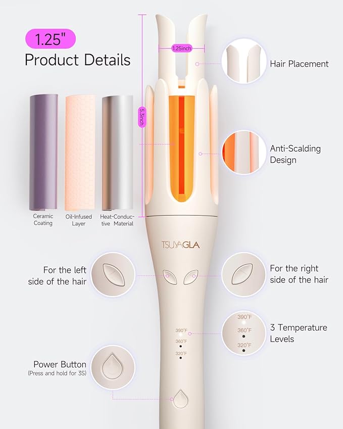 TSUYAGLA Automatic Hair Curler, 1 1/4 Inch Rotating Curling Iron