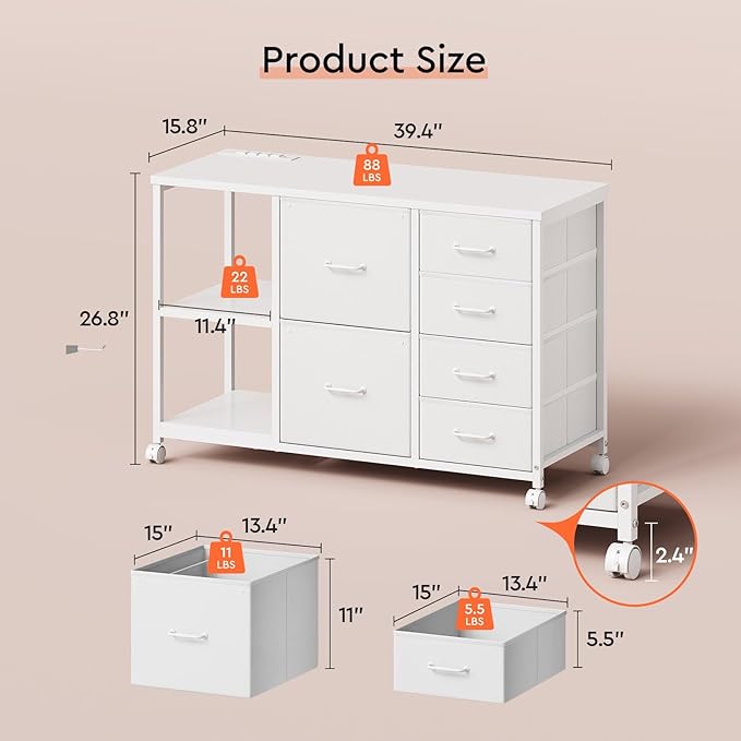 6 Drawer File Cabinet with Charging Station Rolling Printer Stand with Open