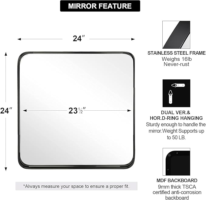 ANDY STAR Square Wall Mirror for Bathroom, 24”x24” Matte Black Bathroom Mirror